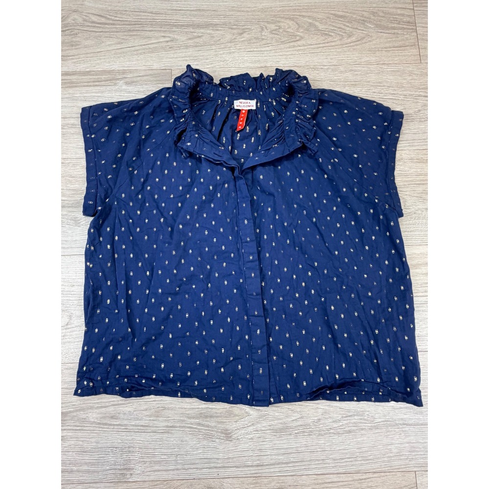 Never A Wallflower Navy Blue Gold Metallic Ruffle Collar Button Down Top Medium
